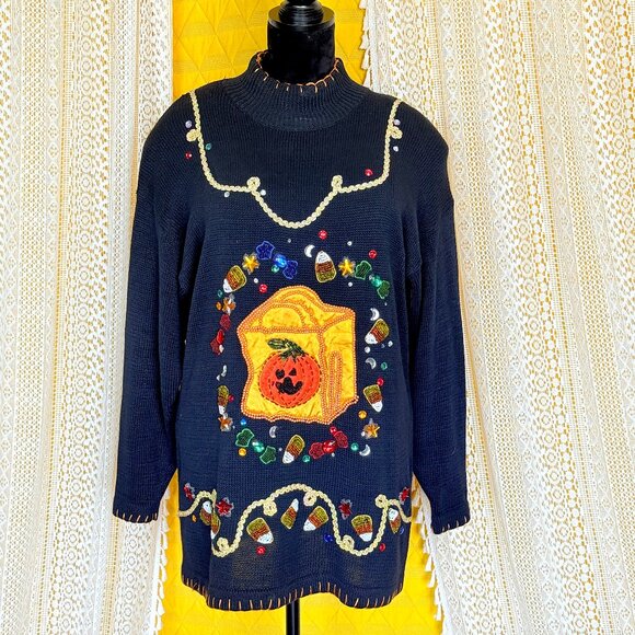 Vintage VIctoria Harbour Beaded Halloween Novelty Sweater Size M - Picture 1 of 11